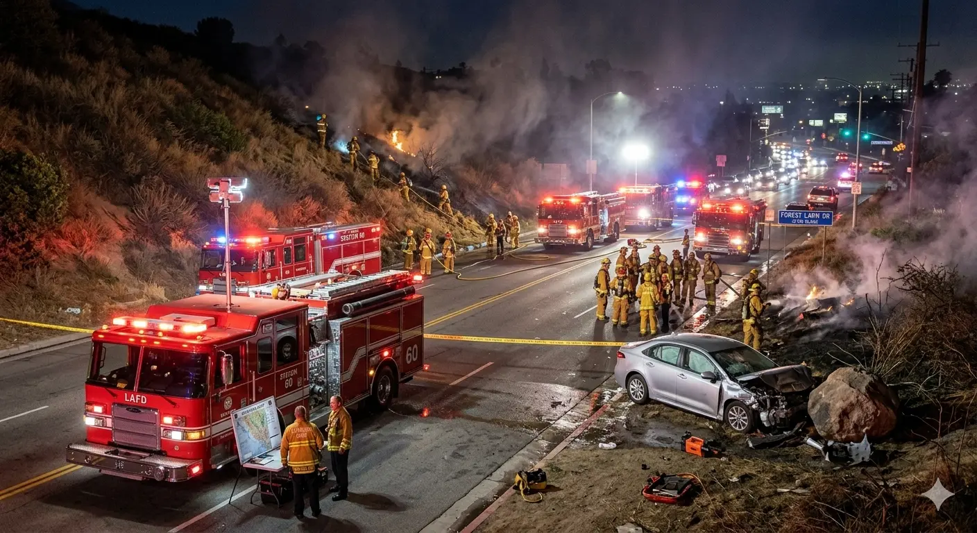 North Hollywood Crash Near Forest Lawn Drive Leads to Brush Fire, Traffic Disruptions and LAFD Response North Hollywood Crash Near Forest Lawn Drive Leads to Brush Fire, Traffic Disruptions and LAFD Response